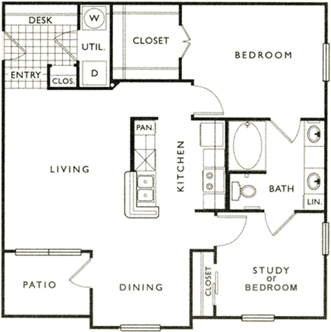 Floor plan for 2 beds, 1 bath, 916 sqft